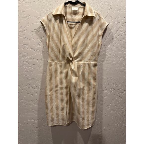Andre by Unit 100% cotton stripe faux wrap dress. Sz L Tan/cream - Picture 2 of 6